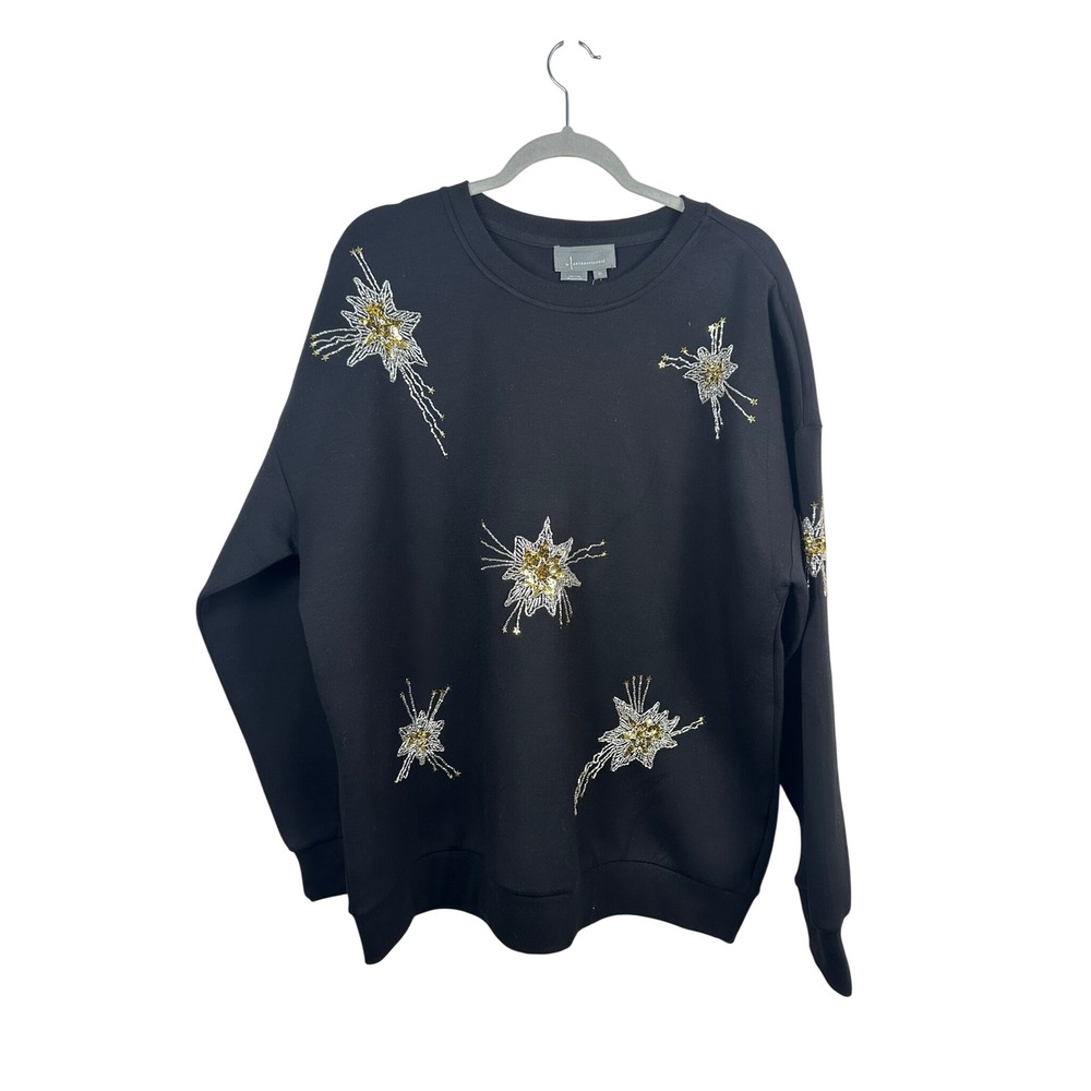 Anthropologie Sweatshirt Women XL Black NEW Beaded Sequin Starburst Celestial
